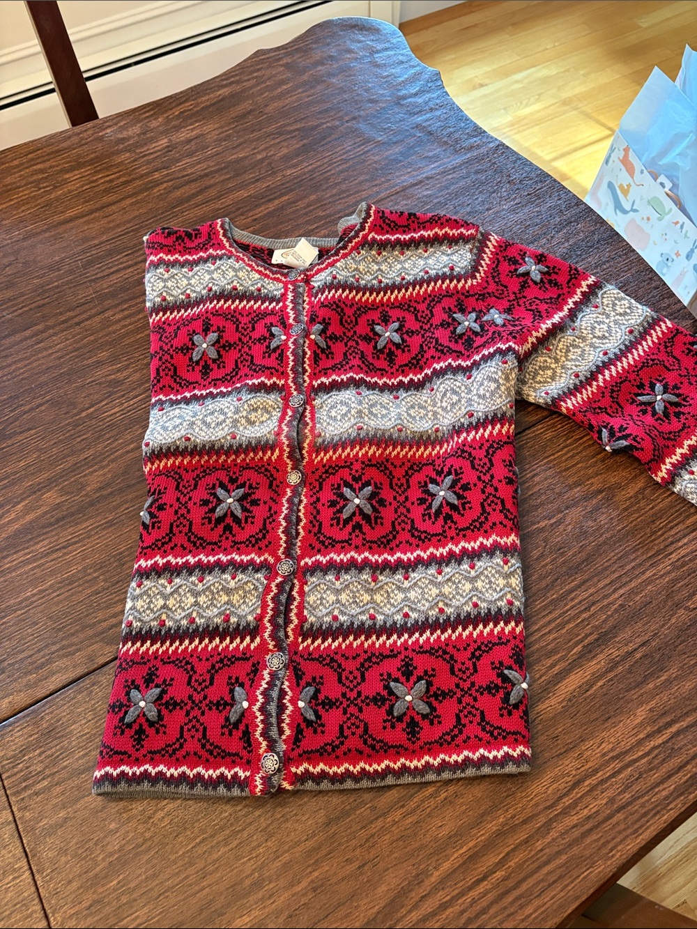 Talbots Red Fair Isle Cardigan with Gray and Cream Accents